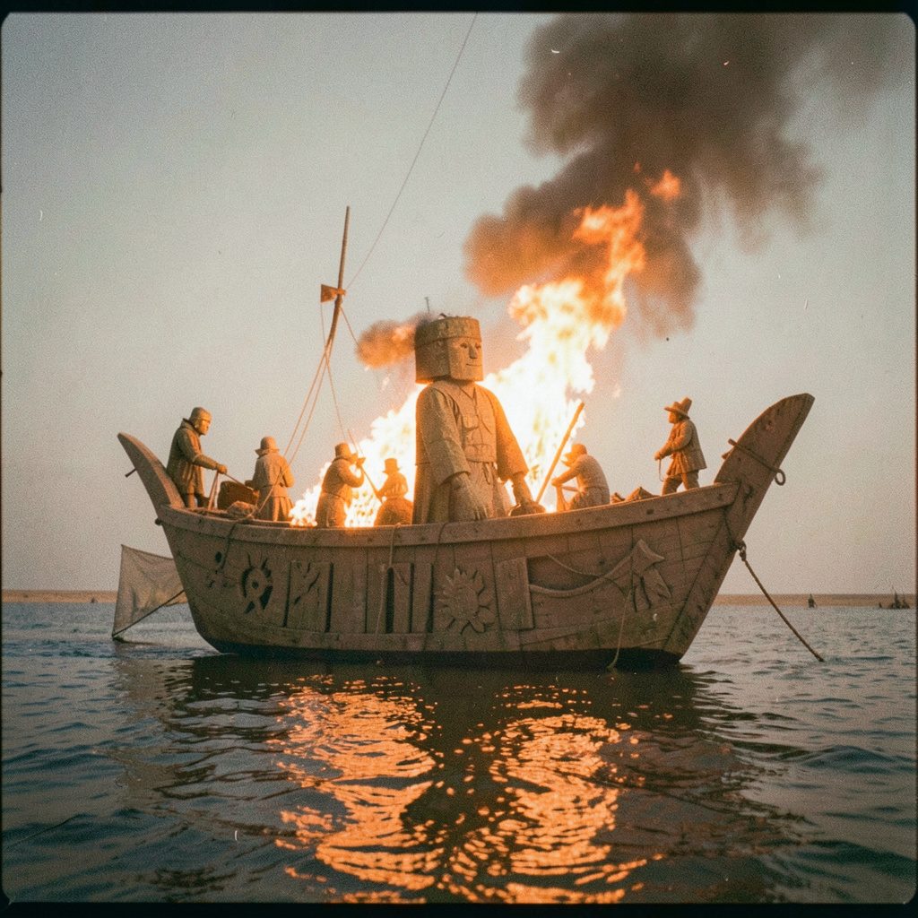 Dramatic photograph of a large wooden structure at dusk, warm orange and amber sky, festival atmosphere.