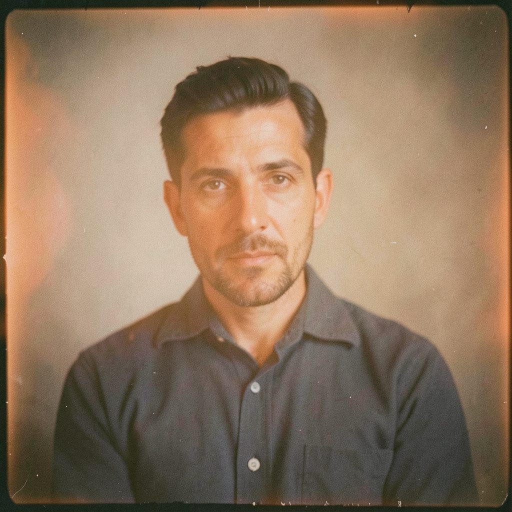 Grainy black and white portrait-style film photo of a researcher speaking to camera, muted gray tones, thoughtful mood