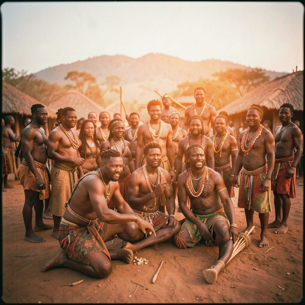 Soft-focus photograph of a cultural gathering with warm amber and terracotta tones, grainy film texture.