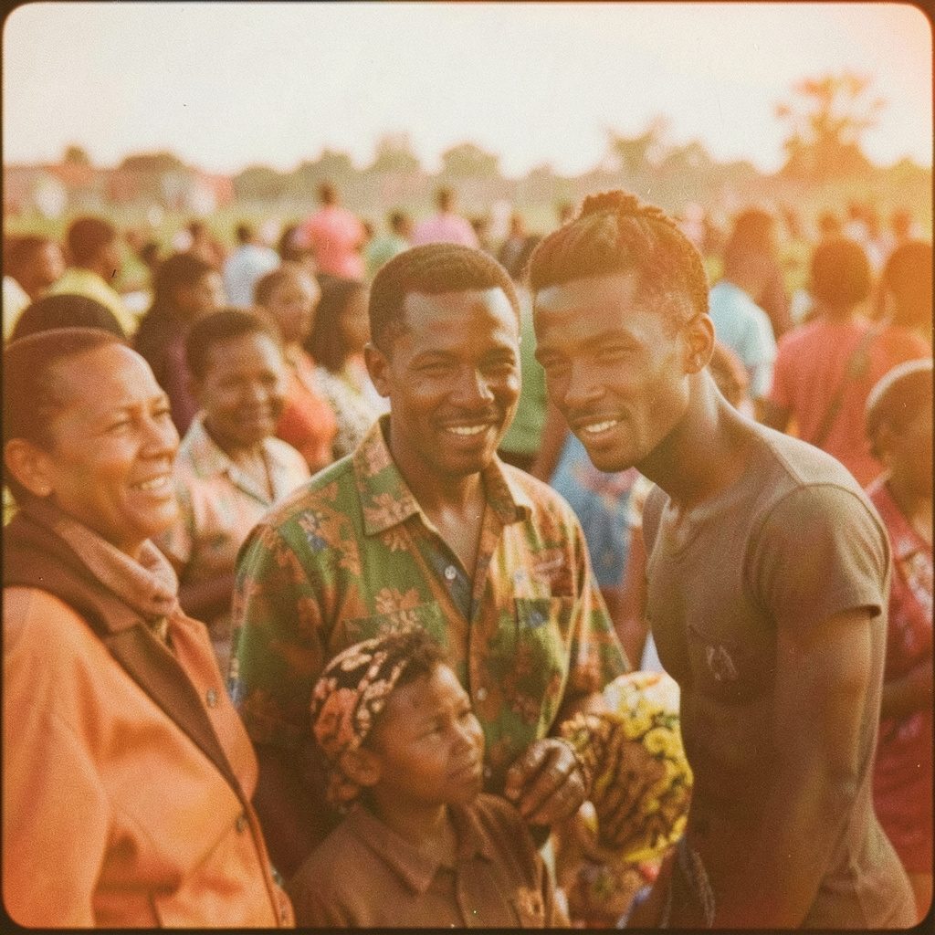 Warm photograph of people in traditional attire, rich ochre and red earth tones, community setting.