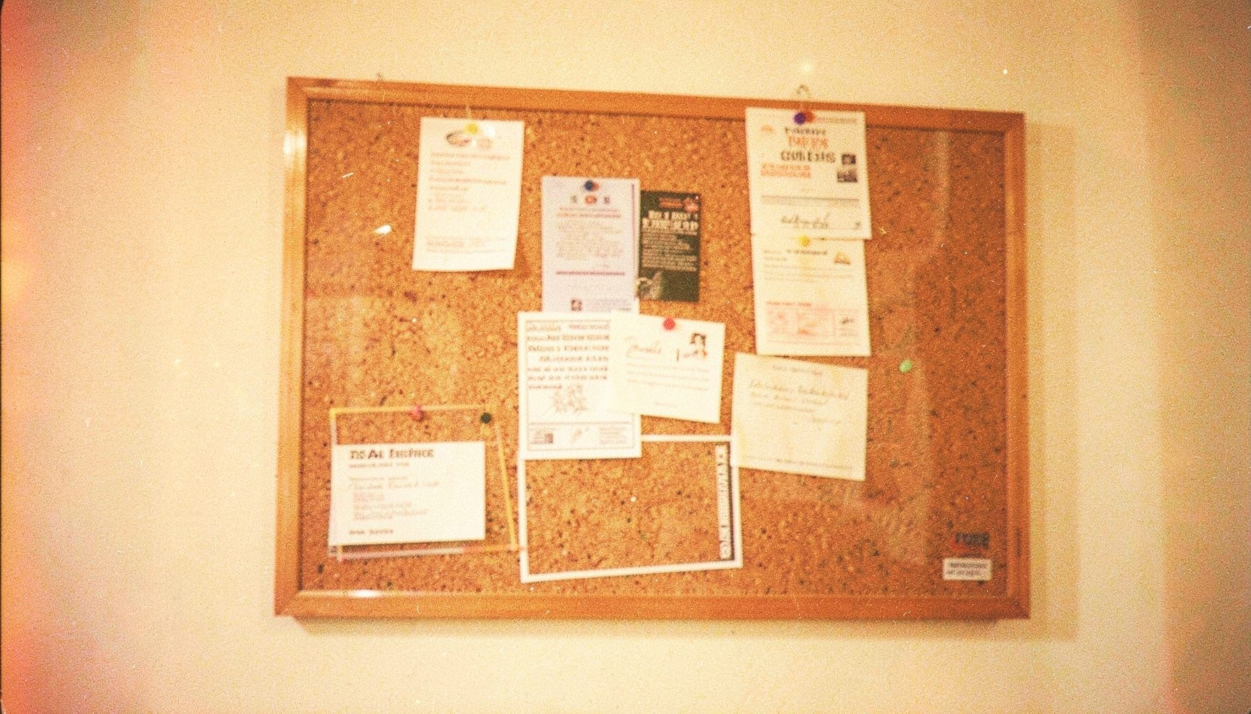 A softly lit film photograph of a cork bulletin board with pinned notes and flyers, warm amber and cream tones, visible film grain.
